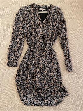 LOFT Black and Beige Floral Tie-Waist Long Sleeve Dress